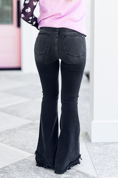 Judy Blue High Rise Black Mock Fray Tulip Hem Flare Jeans