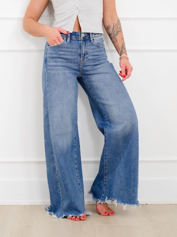 Risen High Rise Medium Wash Wide Leg Jeans