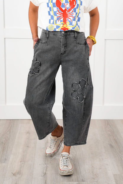 Washed Denim Barrell Jeans with Flower Patch Detail