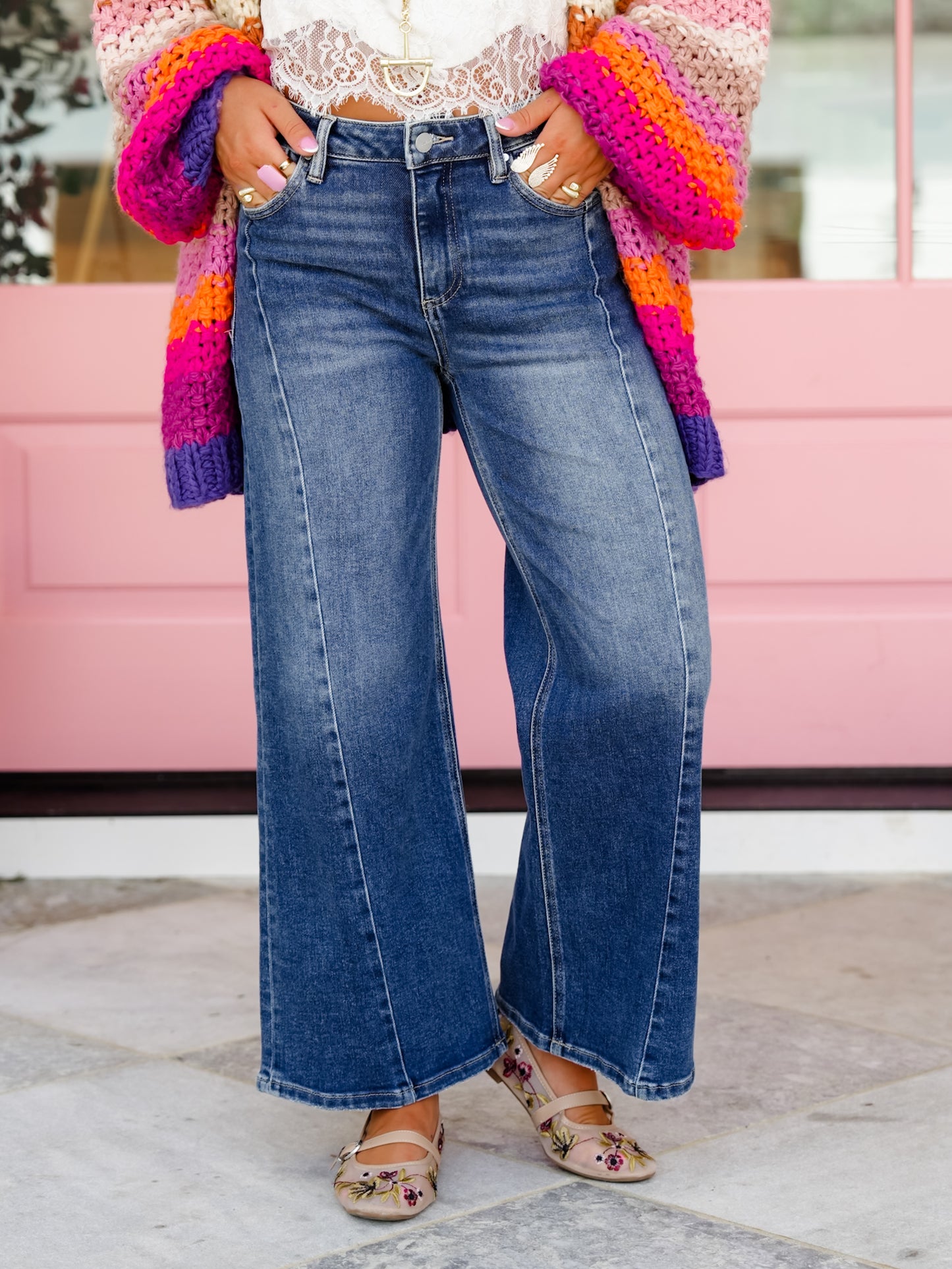Restock! Risen The Willow Multi Inseam Dark Wash Wide Leg Seam Front Jeans - Freckled Poppy