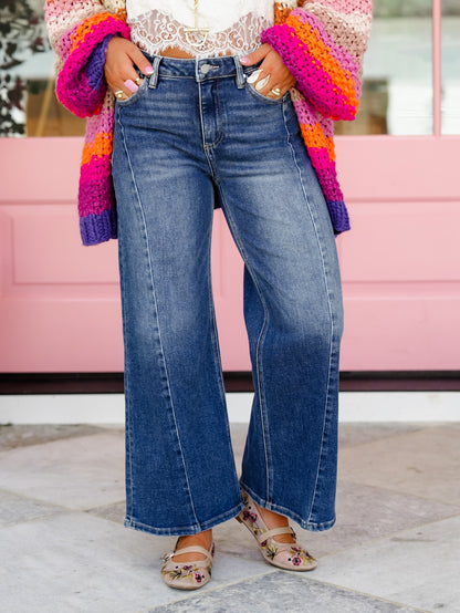 Restock! Risen The Willow Multi Inseam Dark Wash Wide Leg Seam Front Jeans - Freckled Poppy