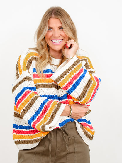 POL Multi Color Stripe Long Sleeve Pullover Sweater
