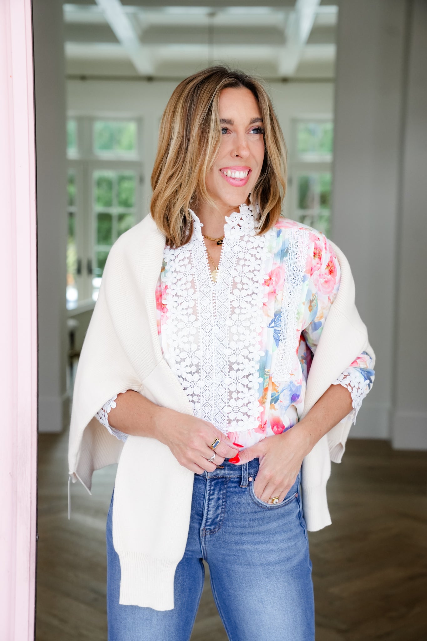 Plus/Reg FP X POL Cream Floral Button Down Top with Lace