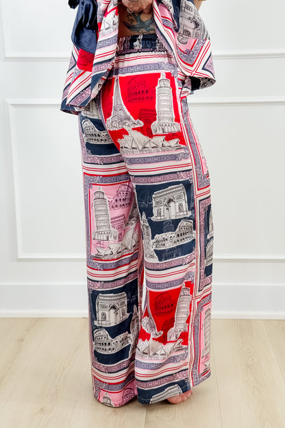 Destination Print Elastic Waistband Wide Leg Pants