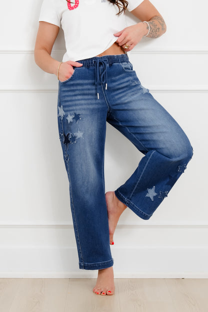 Risen Dark Wash Elastic Waistband Slouchy Barrel Star Patch Jeans
