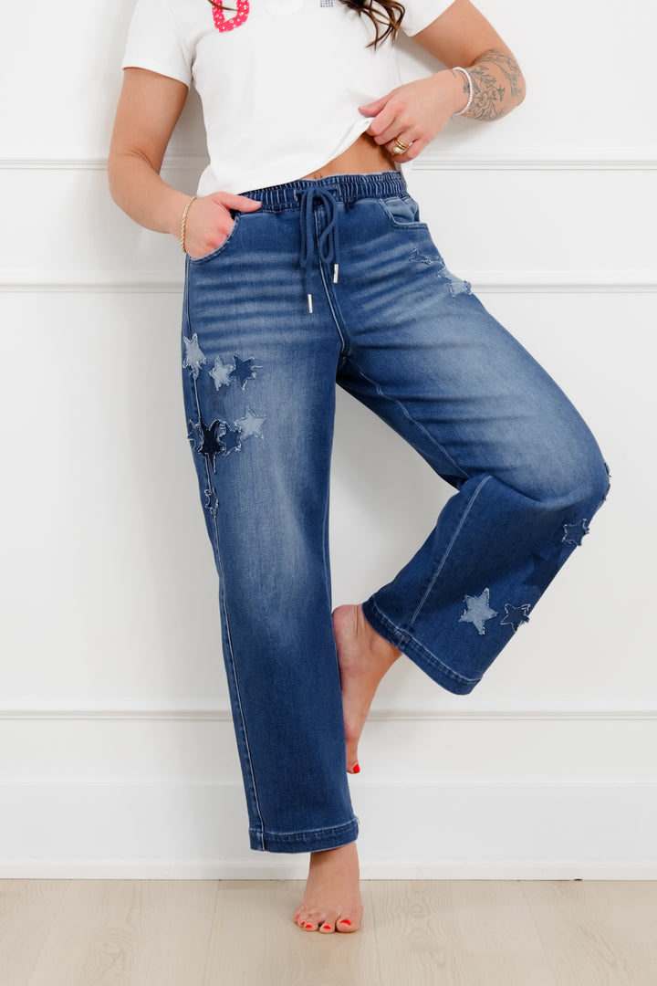 Risen Dark Wash Elastic Waistband Slouchy Barrel Star Patch Jeans