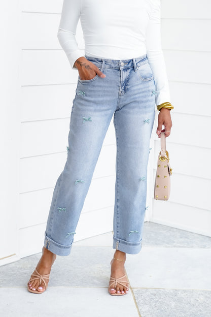 Risen High Rise Light Wash Crop Barrel Jeans with Bow Detail