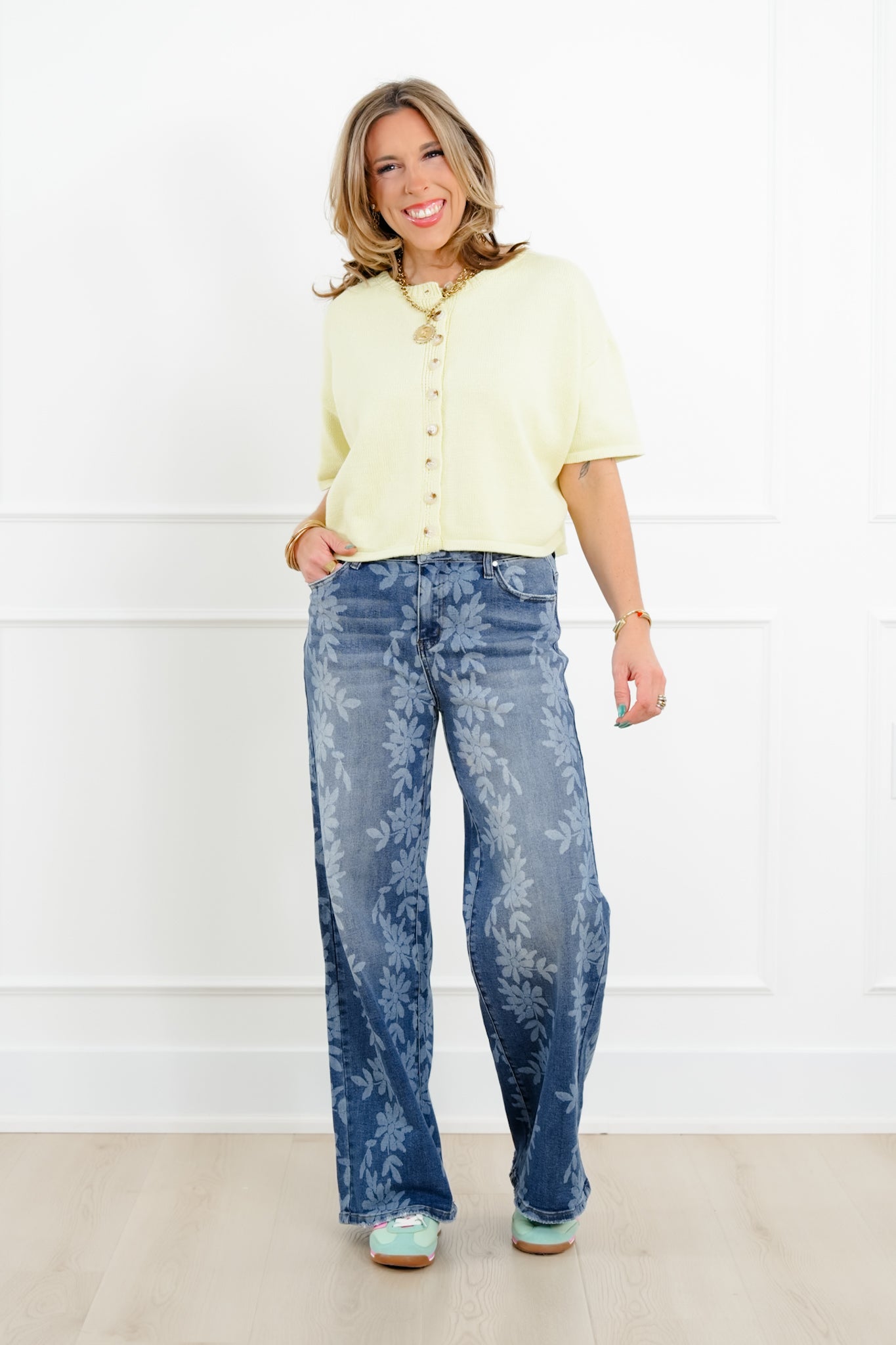 Daisy Print High Waist Wide Leg Jeans
