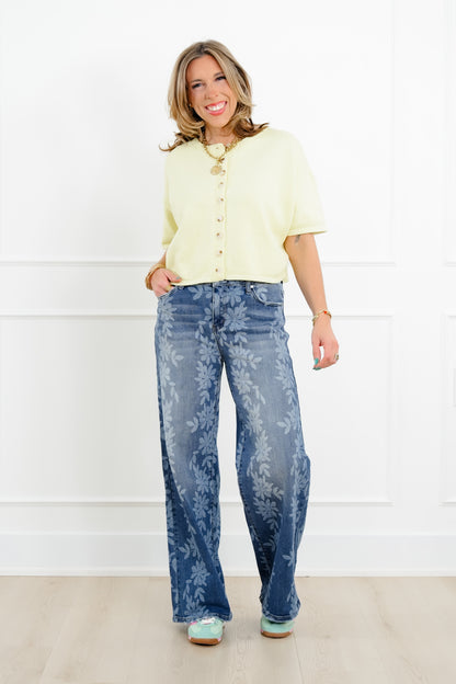 Daisy Print High Waist Wide Leg Jeans