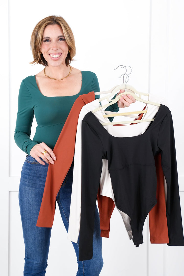 Solid Long Sleeve Square Neck Bodysuit (Multiple Colors)