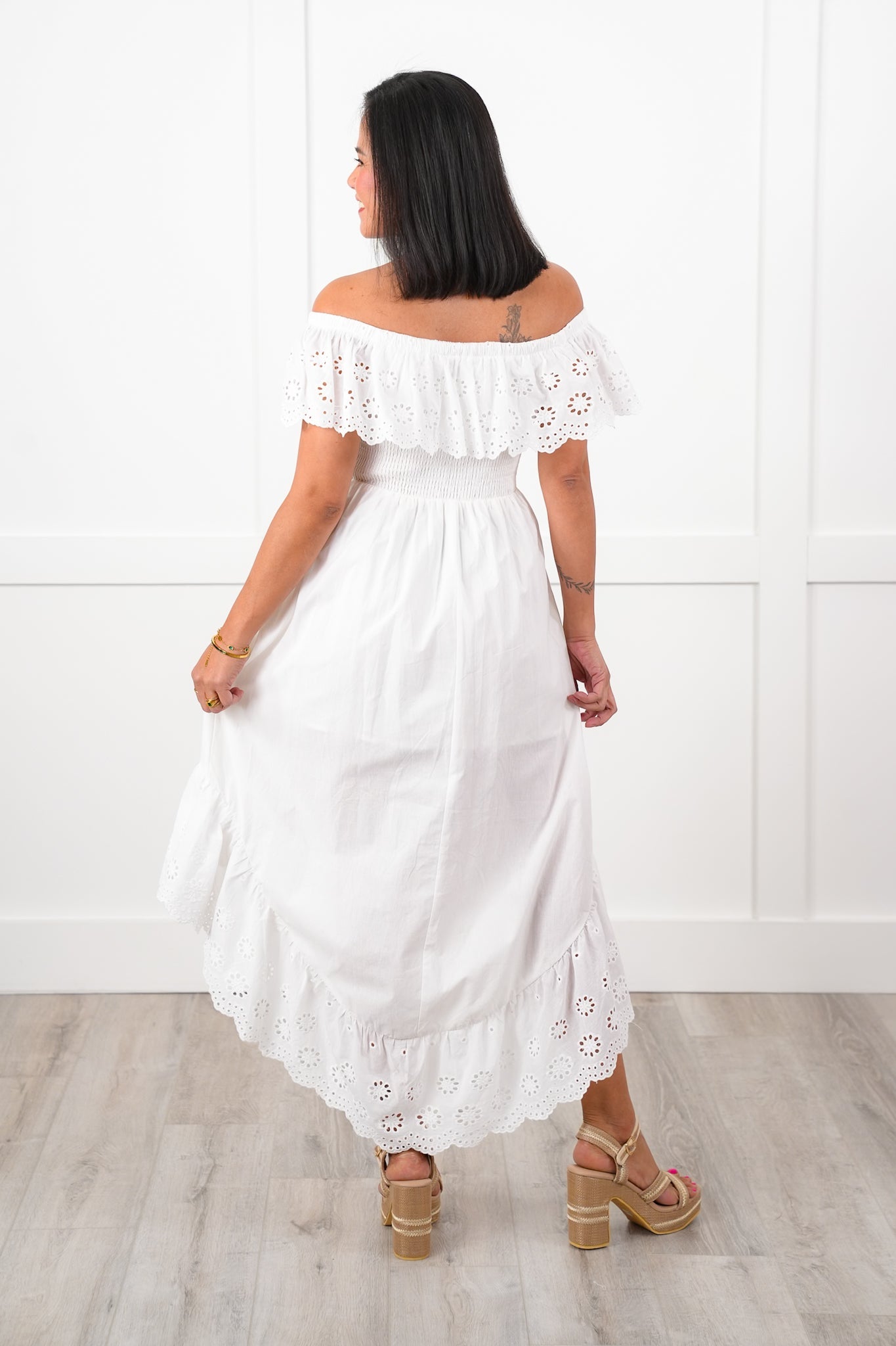 Sleeveless Eyelet Ruffle Smocked Bodice Hi Low Dress