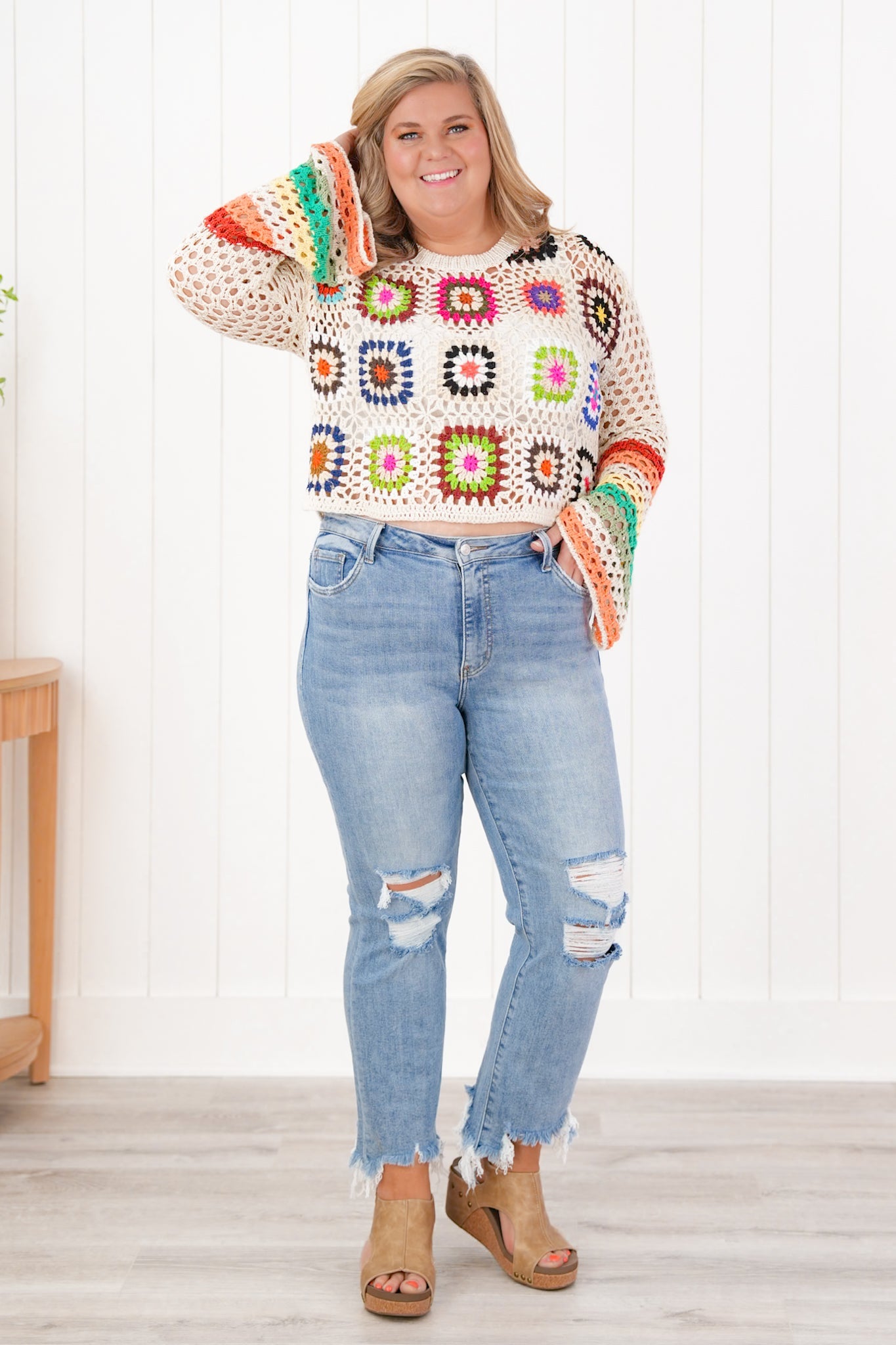 Lovervet High Rise Medium Wash Distressed Cropped Flare Jeans