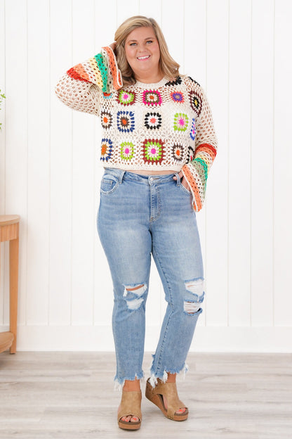 Lovervet High Rise Medium Wash Distressed Cropped Flare Jeans