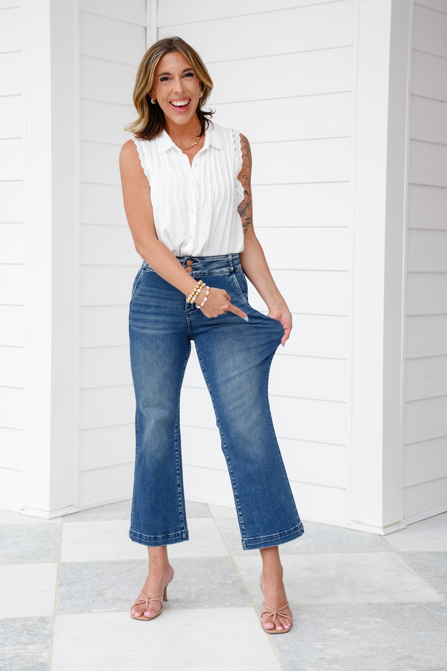 Risen High Rise Dark Wash Wide Waistband Tummy Control Cropped Wide Leg Jeans