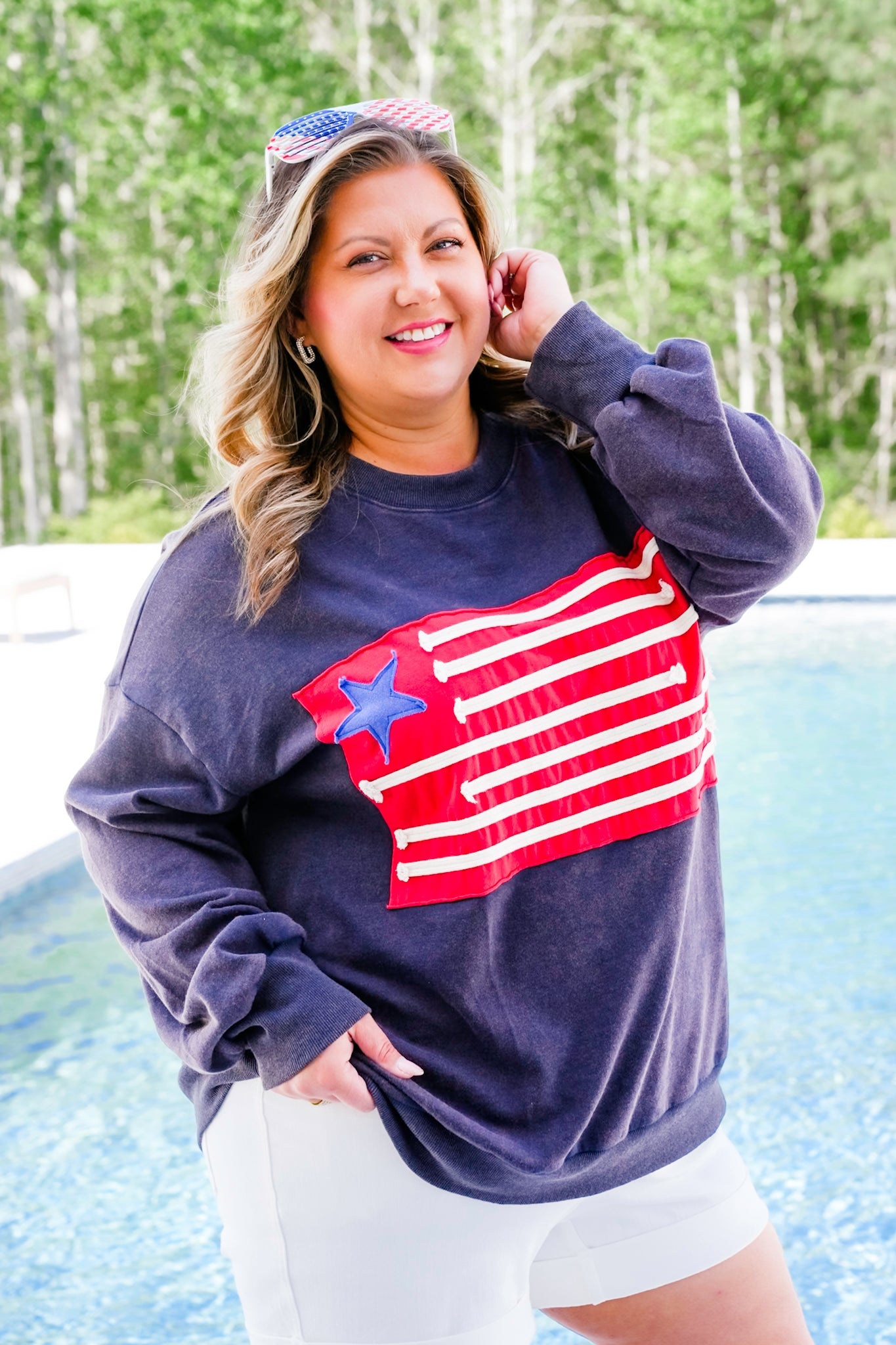 Mineral Wash Long Sleeve American Flag Patch Sweatshirt