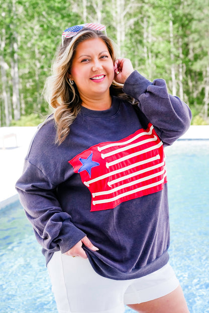 Mineral Wash Long Sleeve American Flag Patch Sweatshirt