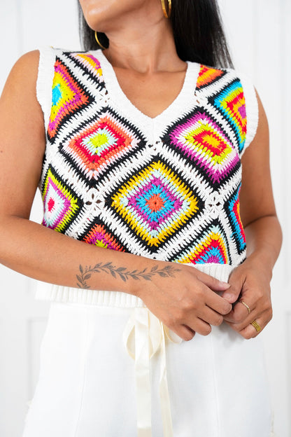 Granny Square Sleeveless V Neck Sweater Vest