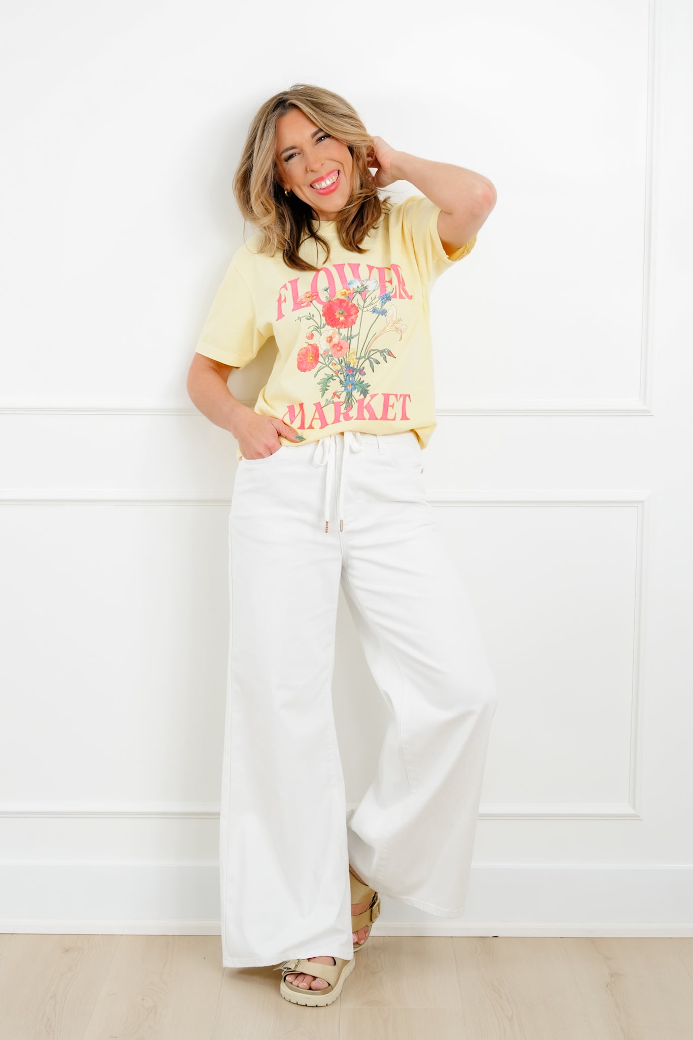 Judy Blue The Sunday Stroll High Rise Multiple Inseam White Featherweight Palazzo Jeans with Elastic Waistband