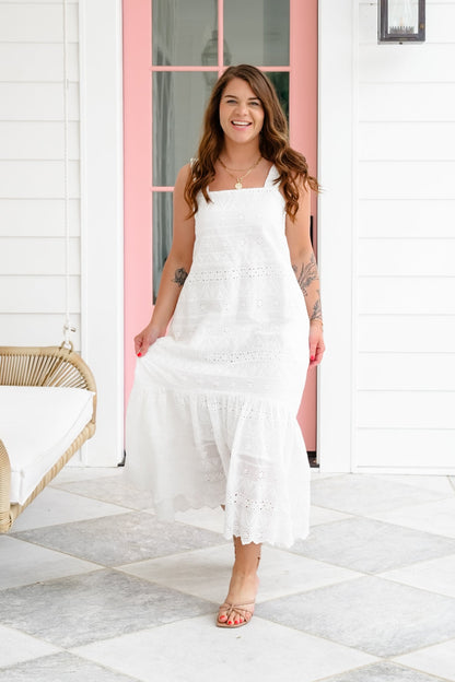 Plus/Reg Sleeveless White Eyelet Scalloped Hem Dress
