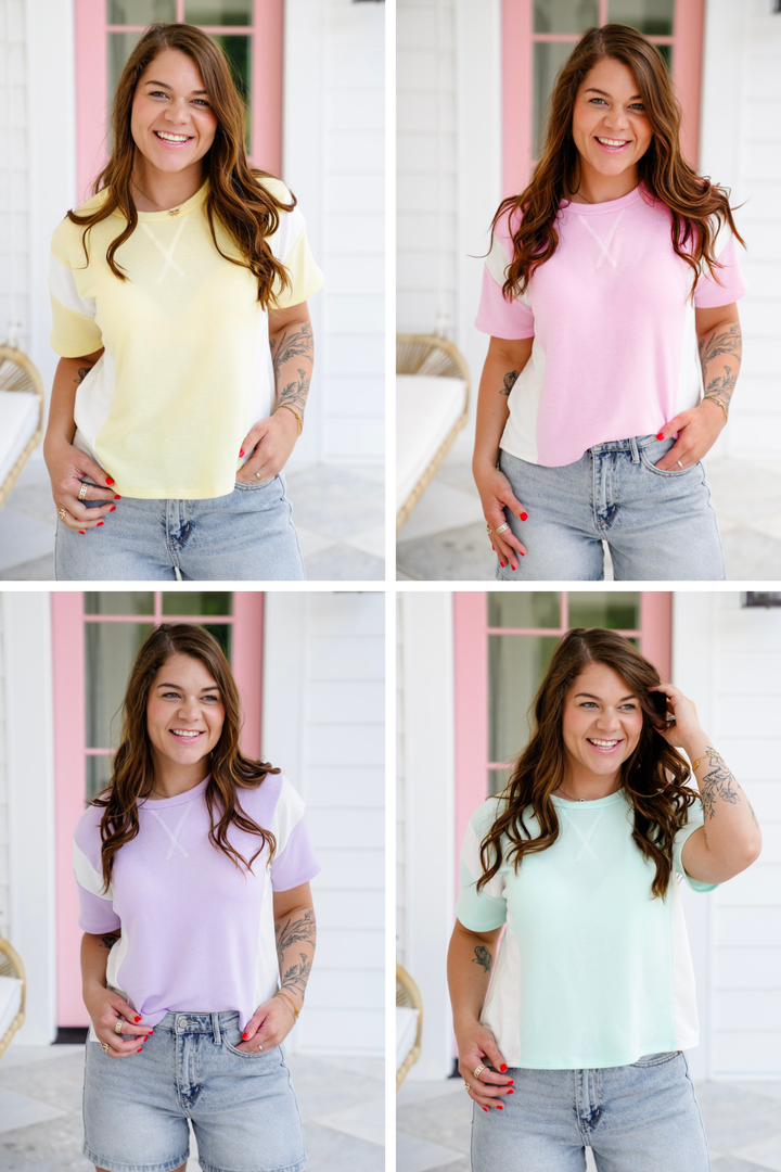 Plus/Reg Color Block Short Sleeve Round Neck Top With Side Slit