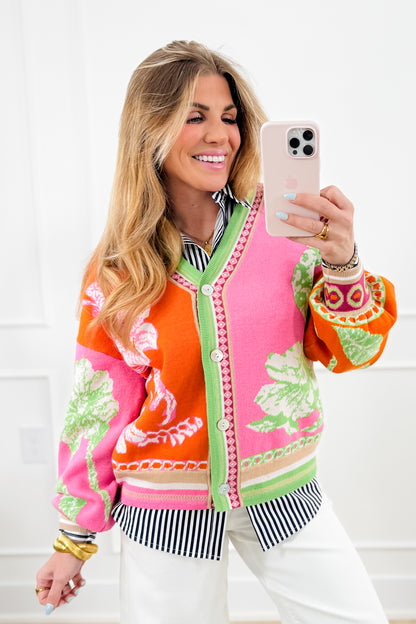 Color Block Floral Print Long Sleeve Button Down Cardigan