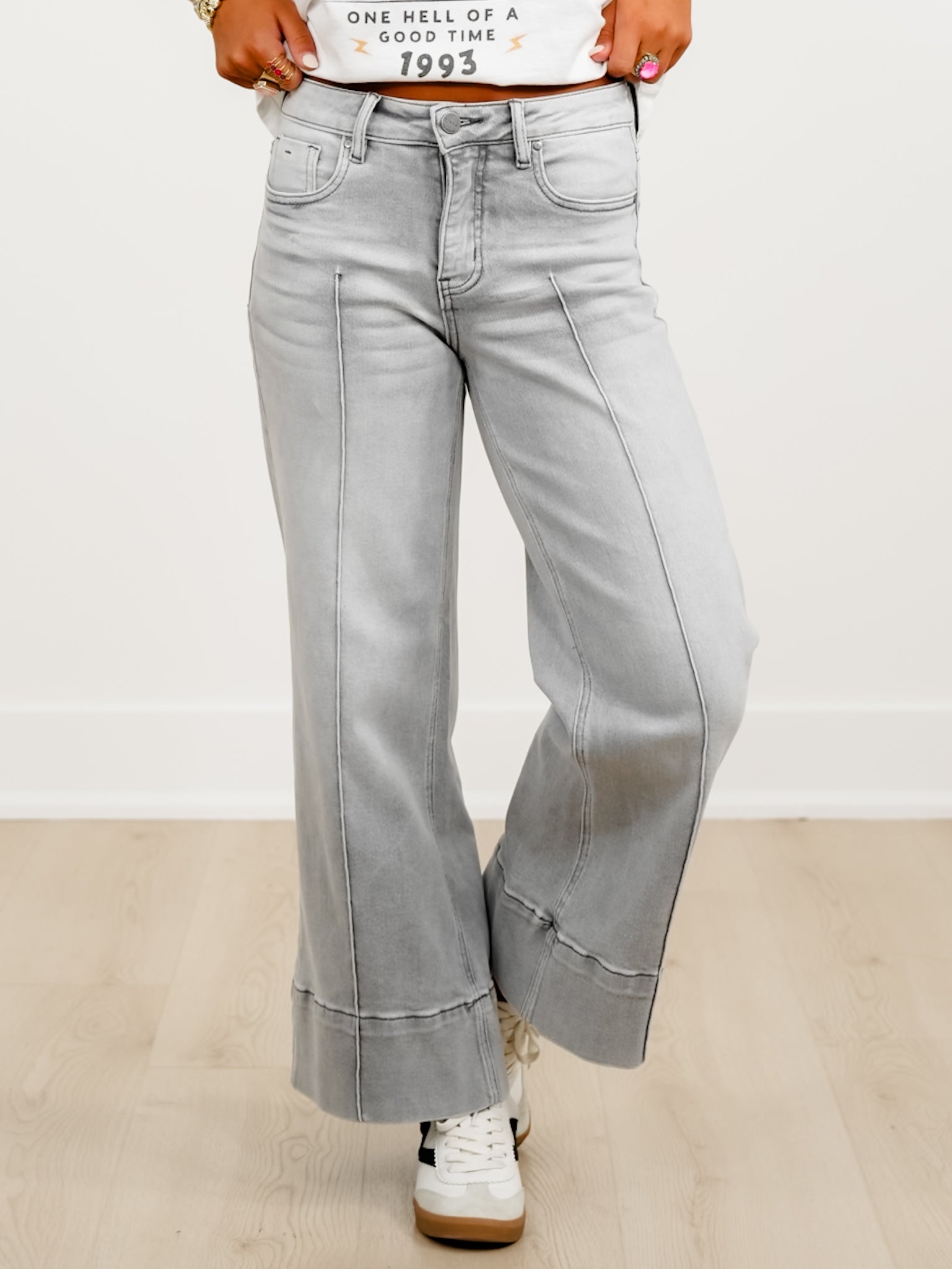 Risen The Mid Rise Grey Tummy Control Wide Leg Front Pintuck Jeans