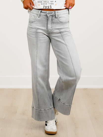 Risen The Wild Card Mid Rise Grey Tummy Control Wide Leg Front Pintuck Jeans