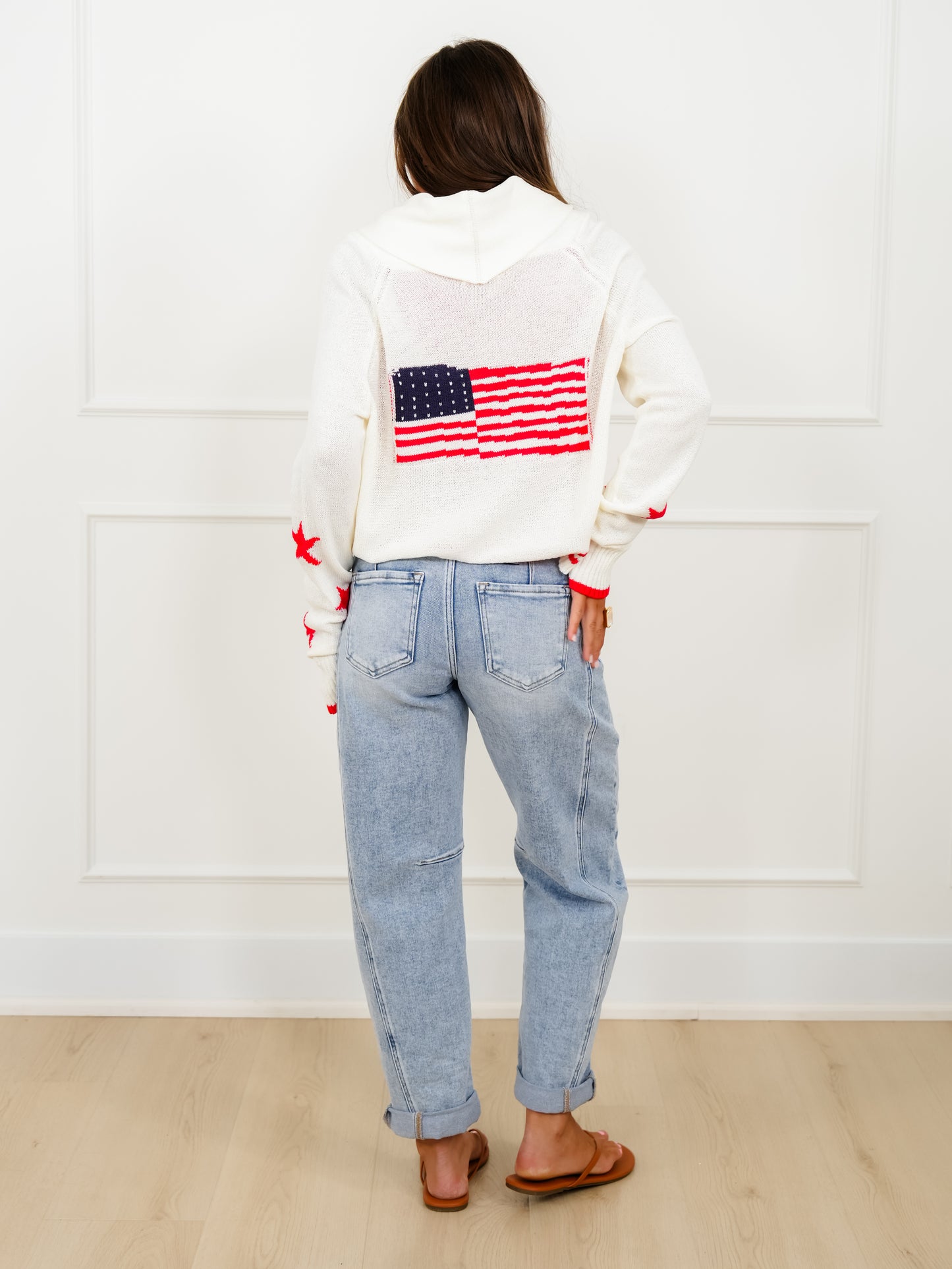Long Sleeve Button Down Cardigan with American Flag Back
