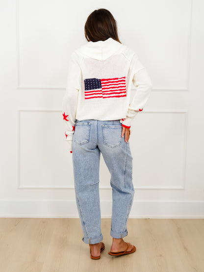 Long Sleeve Button Down Cardigan with American Flag Back
