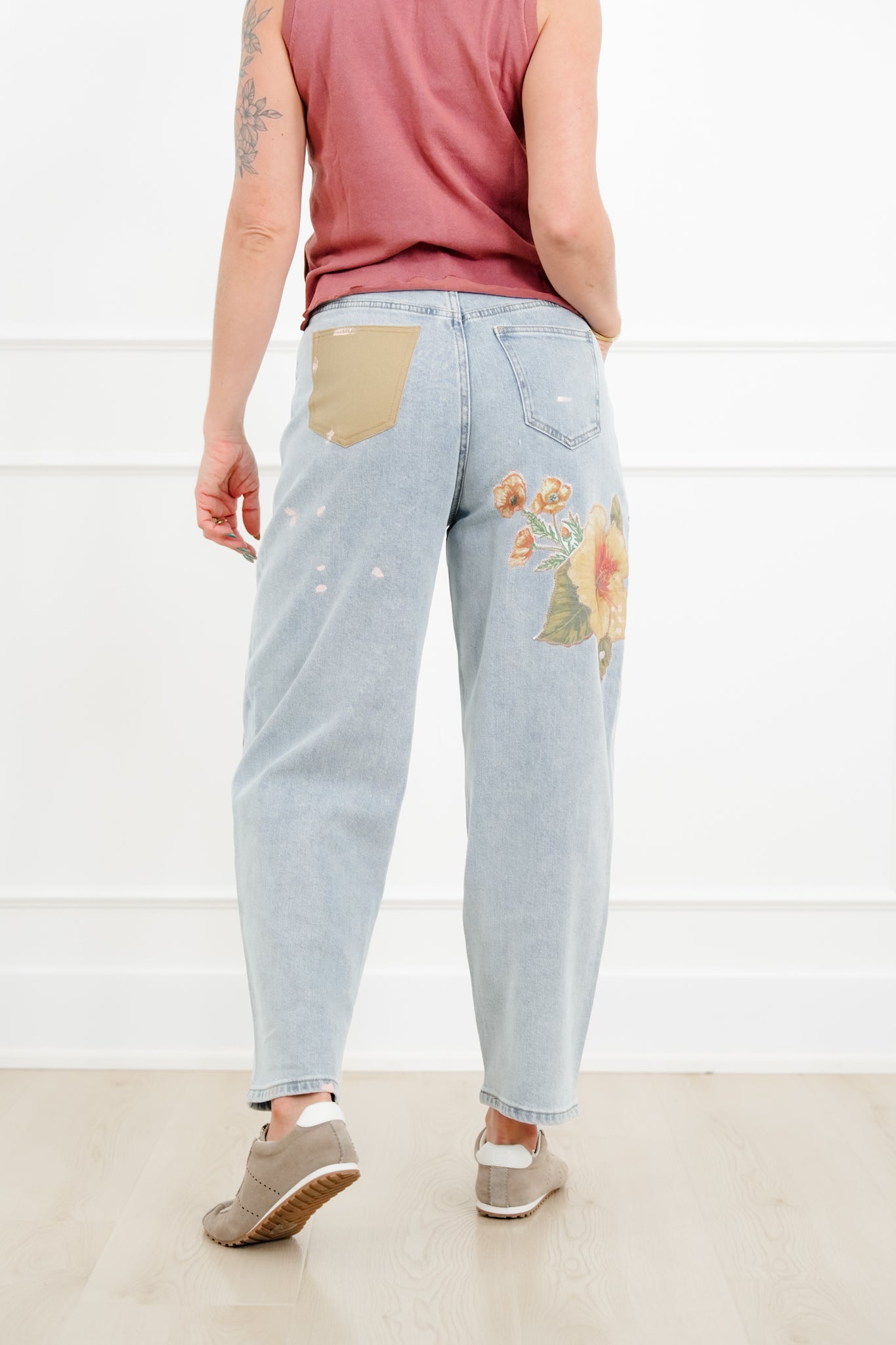 Floral Patch Barrel Jeans with Paint Splatter