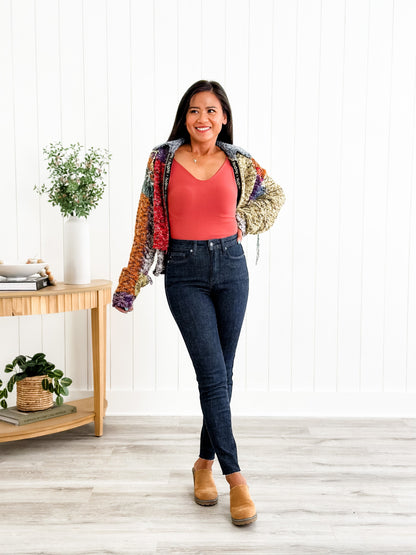 Judy Blue  Starry Night High Rise Dark Wash Tummy Control Top Raw Hem Jeans