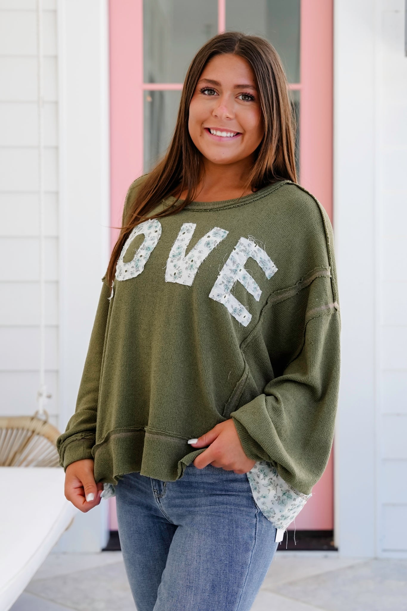 POL Knit Long Sleeve Top with Floral "Love" Patch Detail