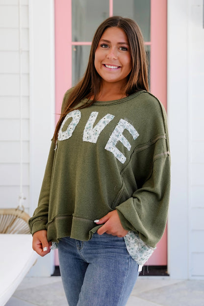 POL Knit Long Sleeve Top with Floral "Love" Patch Detail