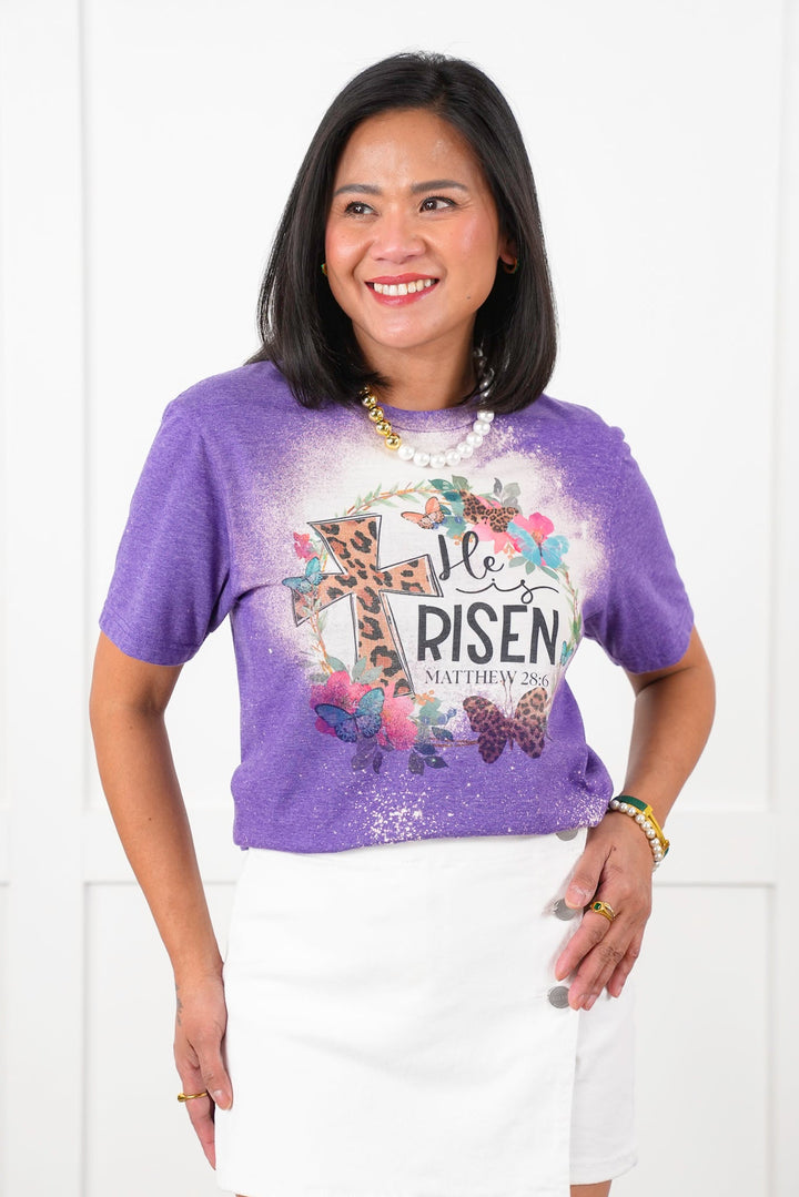 Plus/Reg Bleached Short Sleeve "He Is Risen" Graphic Tee