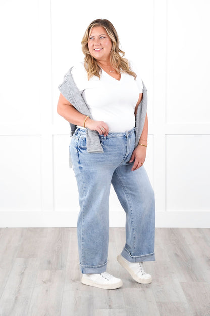 Risen High Rise Light Wash Ankle Barrel Jeans with Cuff