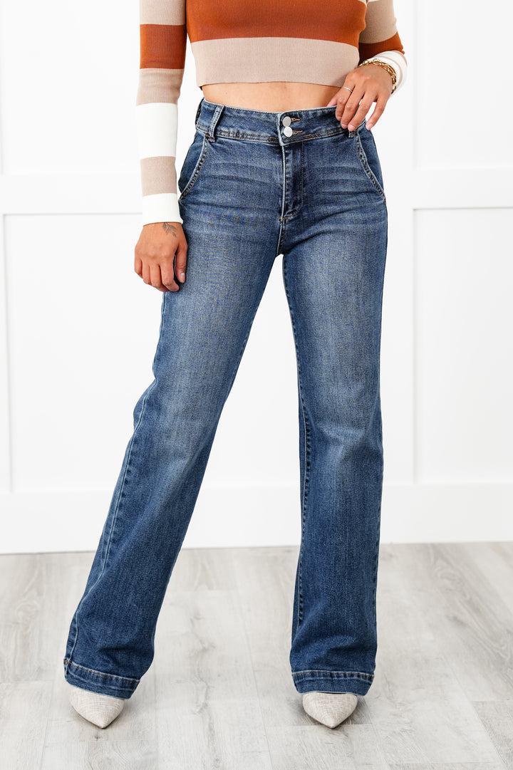 Risen High Rise Dark Wash Double Button Wide Leg Jeans