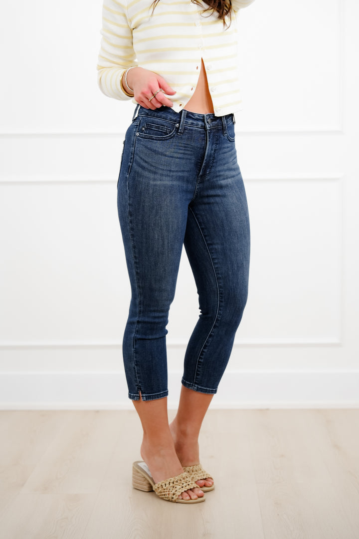 Judy Blue High Rise Dark Wash Tummy Control Capri Jeans with Shield Back Pockets