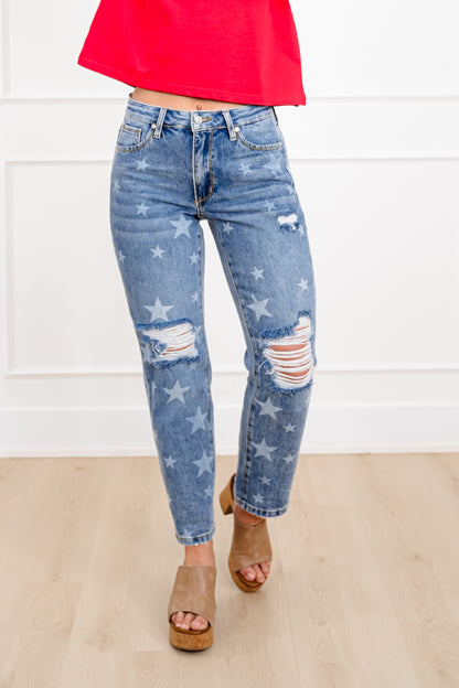 Saige Mid Rise Medium Wash Slim Boyfriend Jeans with Star Print