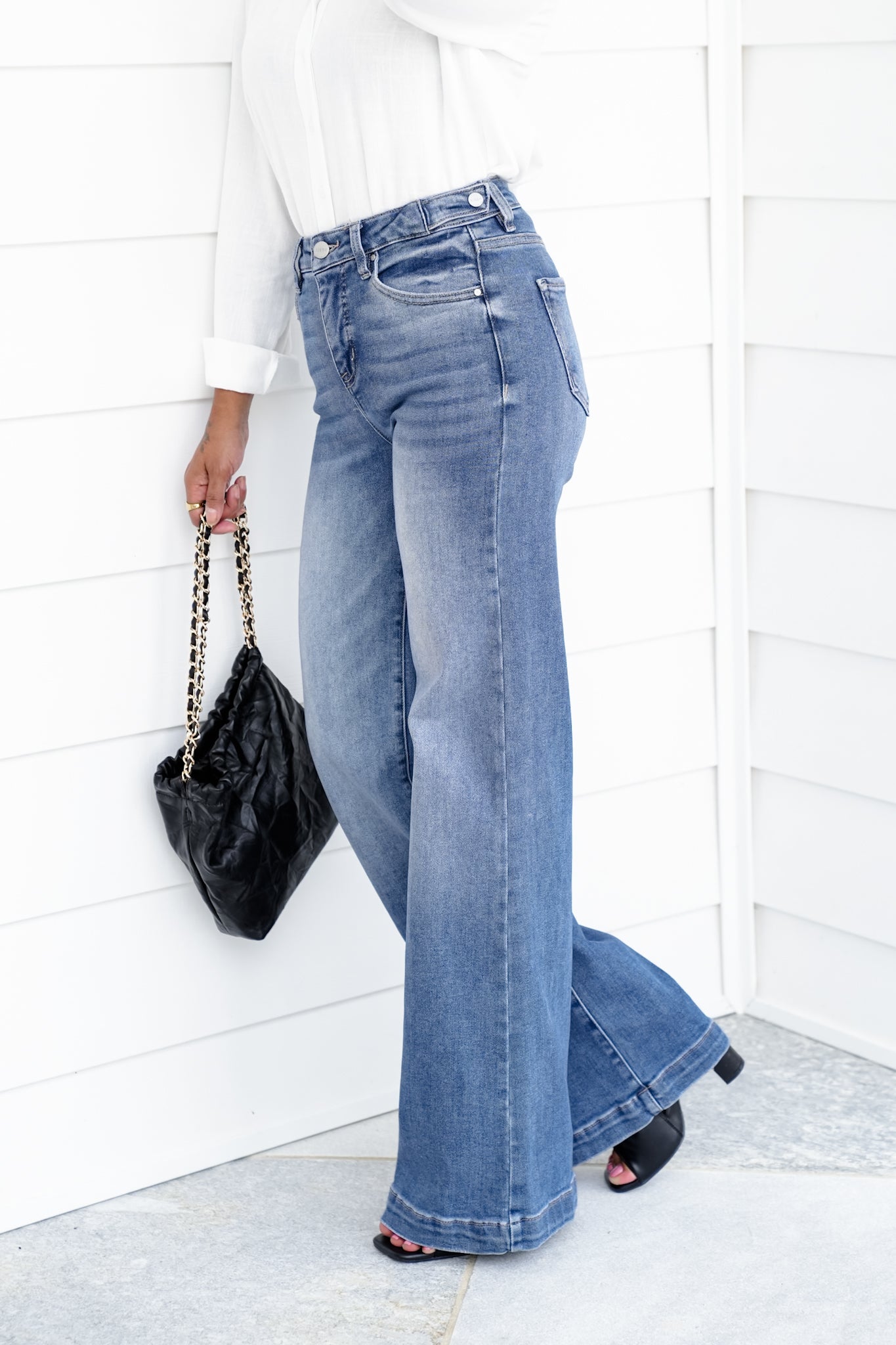 Risen High Rise Medium Wash Tummy Control Wide Leg Jeans with Adjustable Waistband