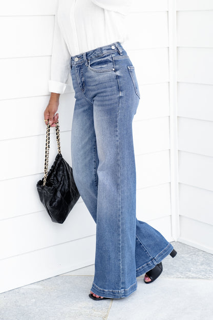 Risen High Rise Medium Wash Tummy Control Wide Leg Jeans with Adjustable Waistband