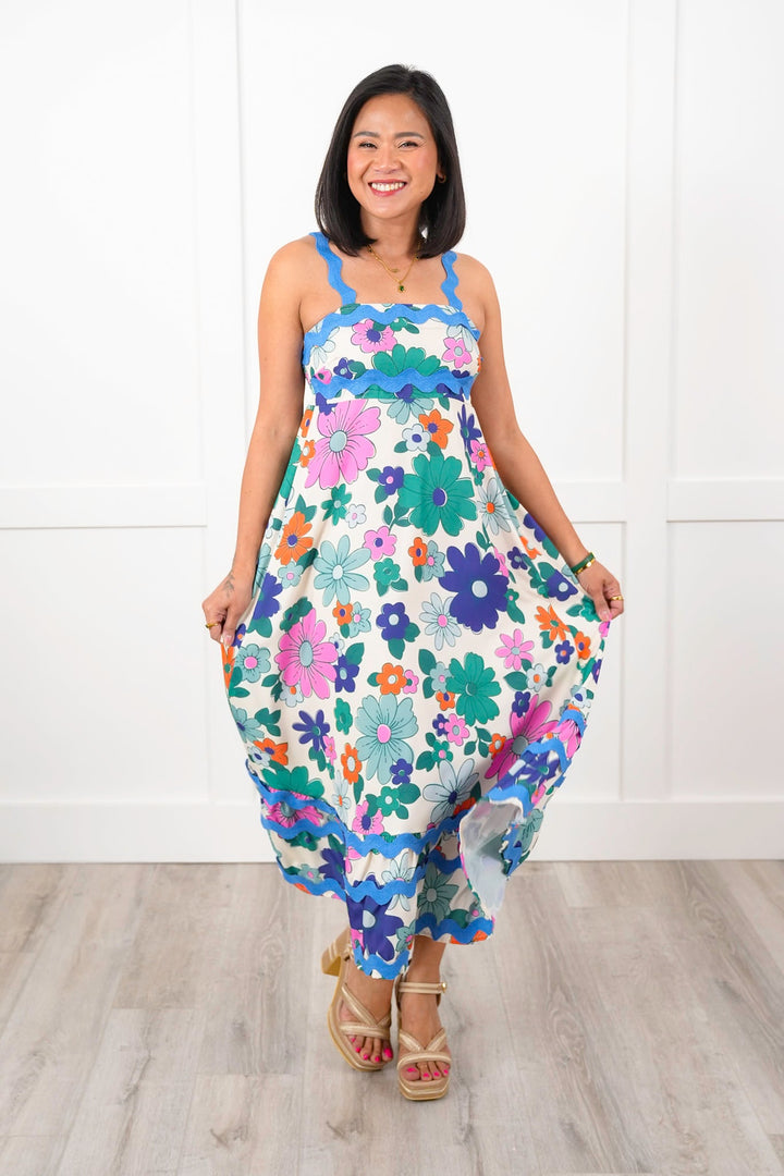 Floral Sleeveless Midi Dress with Ric Rac Detail