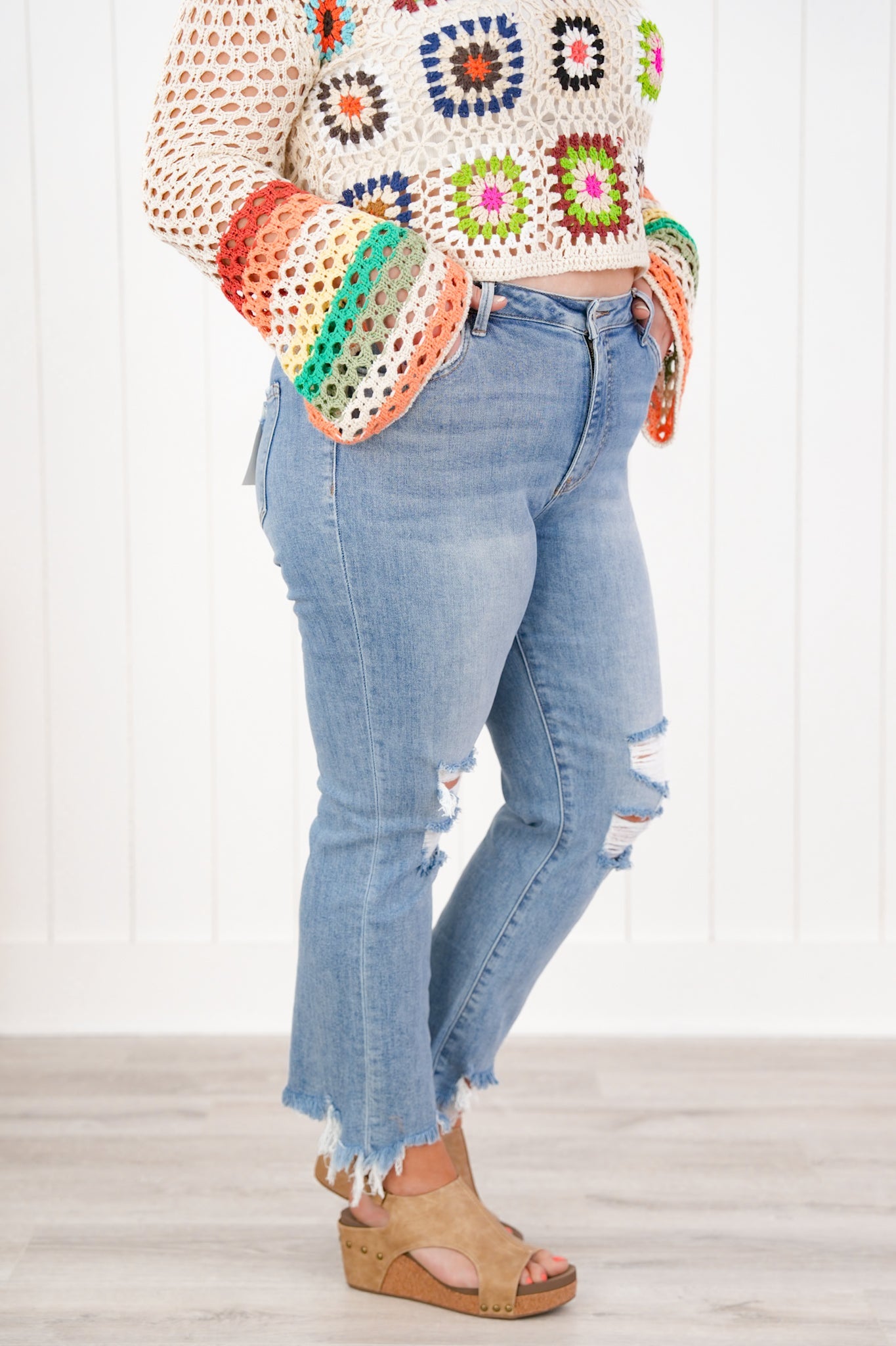 Lovervet High Rise Medium Wash Distressed Cropped Flare Jeans