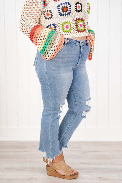 Lovervet High Rise Medium Wash Distressed Cropped Flare Jeans
