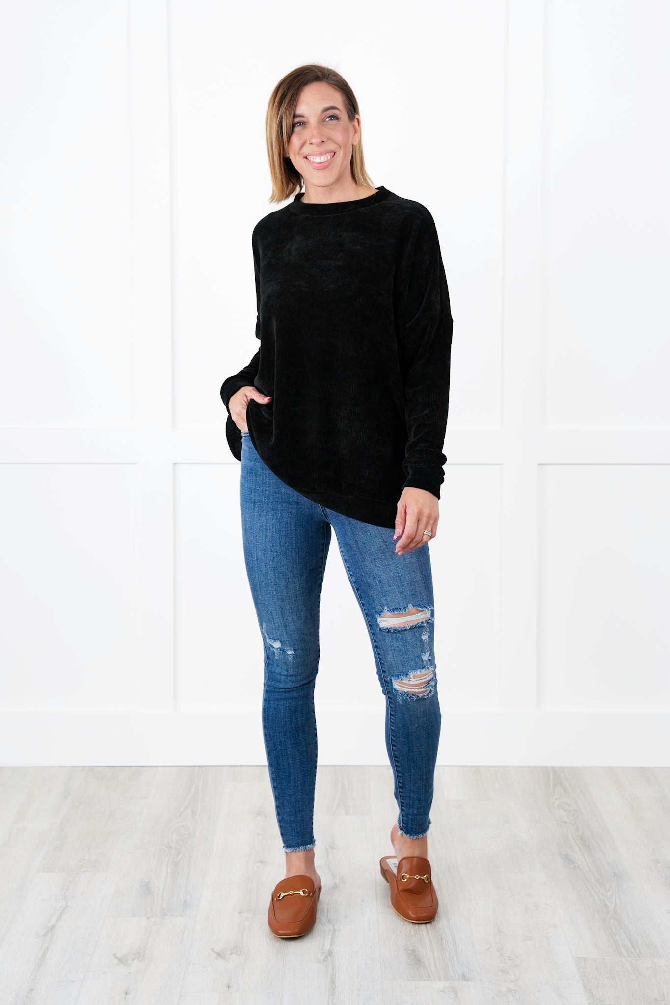Plus/Reg Solid Chenille Long Sleeve Round Neck Top (Multiple Colors)