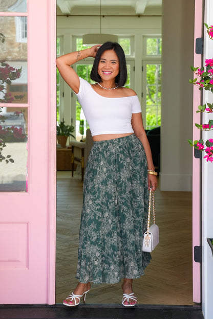 Green Floral Elastic Waist Pleated Long Skirt