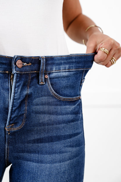 Risen High Rise Dark Wash Tummy Control Elastic Waistband Flare Jeans
