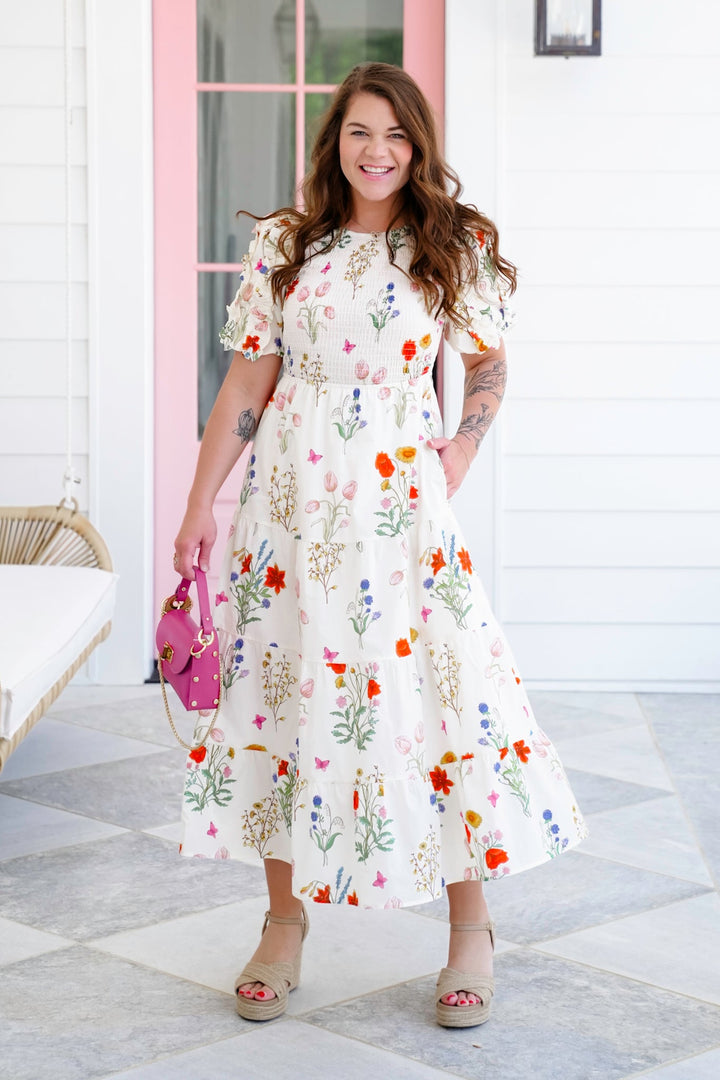 Floral Print Short Puff Sleeve Smocked Bodice Tiered Maxi Dress