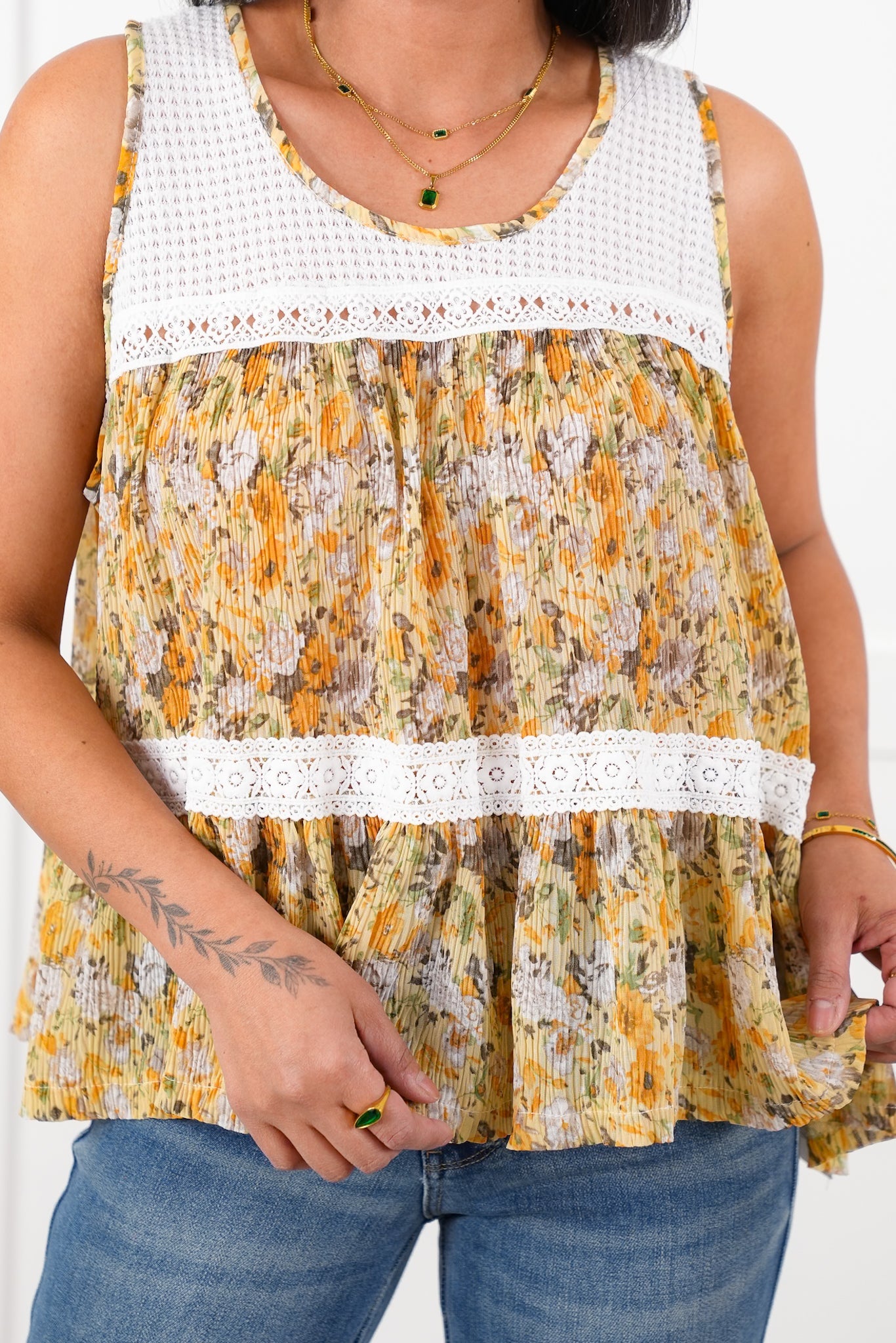 POL Floral Sleeveless Woven Top with Lace Detail
