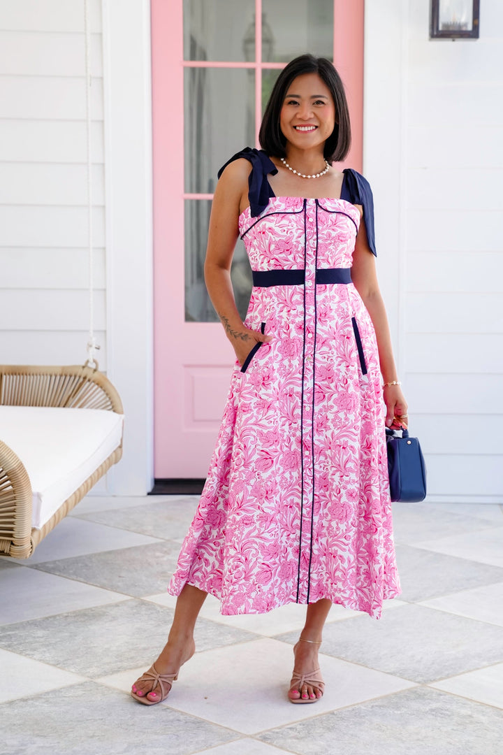 Pink Floral Sleeveless Midi Dress with Side Pockets