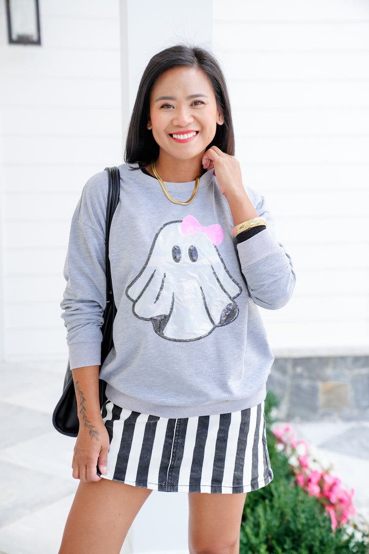 Plus/Reg Metallic Ghost Long Sleeve Pullover Top